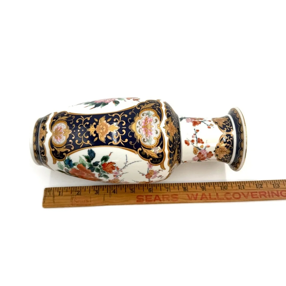 Otagiri Japan Porcelain Floral Imari Style Vase‎ Cobalt Blue Gold Gilt Trim